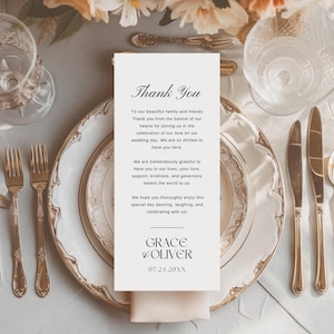 Mesa de agradecimiento, tarjeta de agradecimiento imprimible para boda, plantilla de Canva para menú de bienvenida, elegante nota para servilleta, tarjeta para mesa de recepción AT24