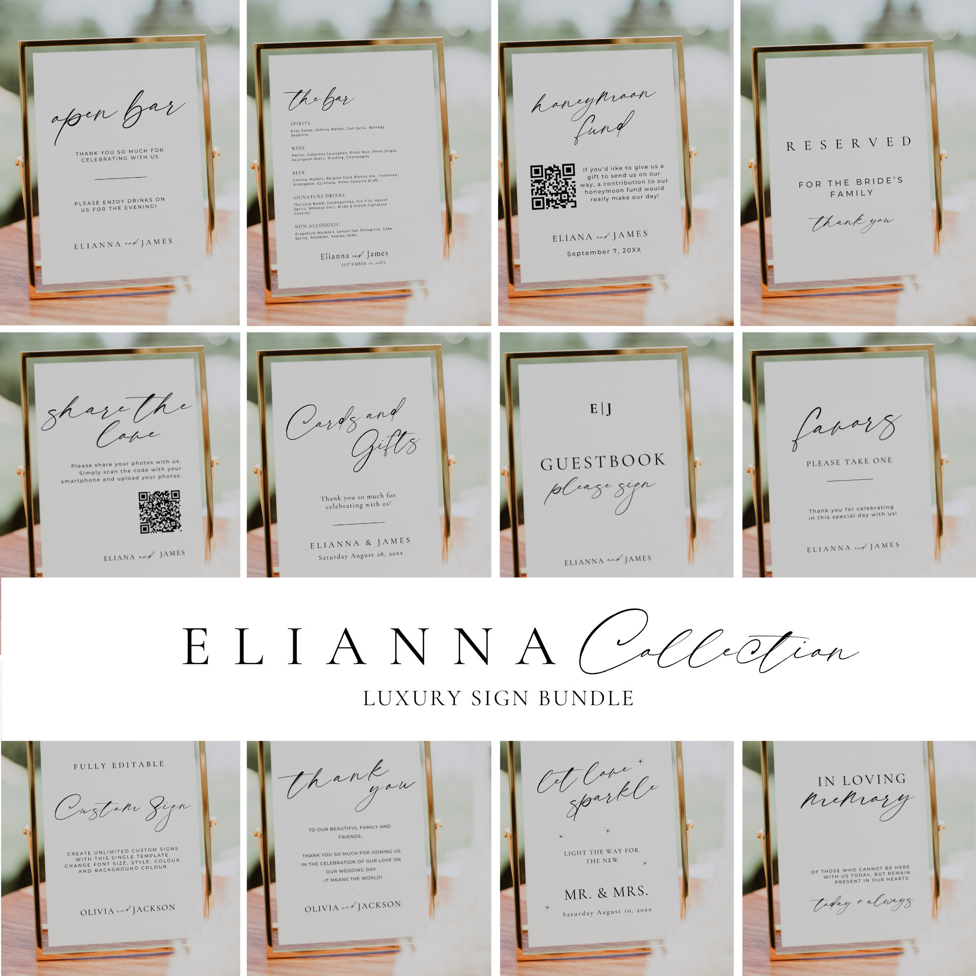 Day of Wedding Signage Bundle, Modern Wedding Reception Sign Templates, Editable Table Signs Package, Minimal Wedding Stationery AT14