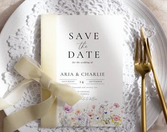 Wildflower Save the Date Invite Template, Summer Flowers Save The Date Cards Digital, Spring Floral Wedding Announcement Invitation  AT13
