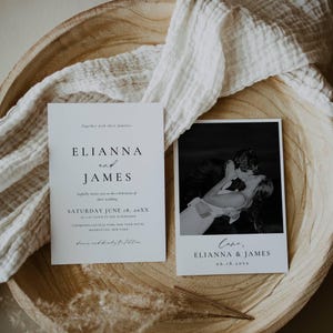 May include: Two white wedding invitation cards with black text and a black and white photo of a couple kissing. The invitation reads "Elianna and James" and includes the wedding date and location. The photo card says "Love, Elianna & James".