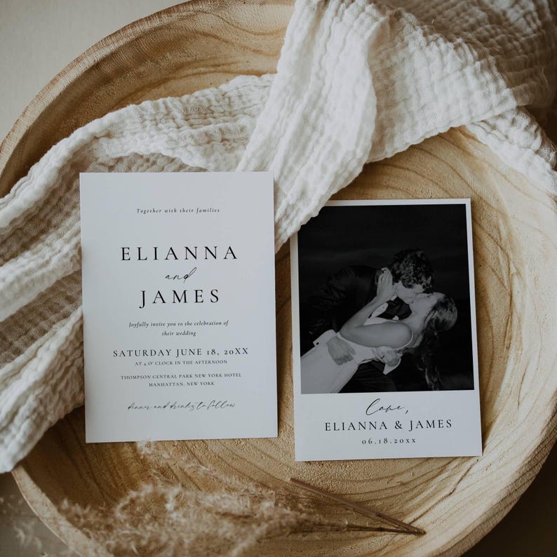 May include: Two white wedding invitation cards with black text and a black and white photo of a couple kissing. The invitation reads "Elianna and James" and includes the wedding date and location. The photo card says "Love, Elianna & James".