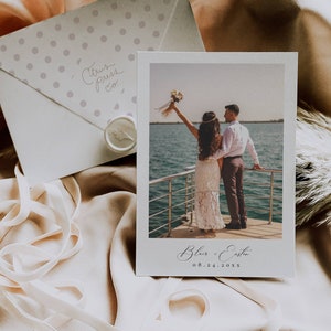 May include: A wedding invitation with a photo of a couple on a boat, with the names "Blair + Easton" and the date "08.24.20XX" in elegant script. An envelope with polka dots and the text "Citrus Press Co." is also visible.