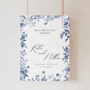 Placa de boas-vindas para casamento Toile, modelo de placa de boas-vindas floral azul-poeira, sinalização para casamento Toile De Jouy, placas de entrada grandes digitais AT09