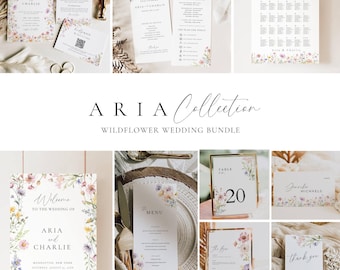 Wildflower Wedding Reception Template Bundle, Minimal Floral Wedding Signs Package, Elegant Stationery Invitation Suite Editable -AT13