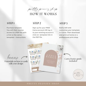 Pu&ograve; includere: Un elenco di prodotti digitali per un modello Canva con uno schema di colori rosa e bianco. L'elenco include un bonus di 9 tutorial su come modificare facilmente il tuo design. Il testo "Canva Basics" &egrave; presentato in un cerchio con uno sfondo rosa. Il testo "How to Video" &egrave; presentato in un rettangolo con uno sfondo bianco. Il testo "Best Way to Execute" &egrave; presentato in un rettangolo con uno sfondo bianco.