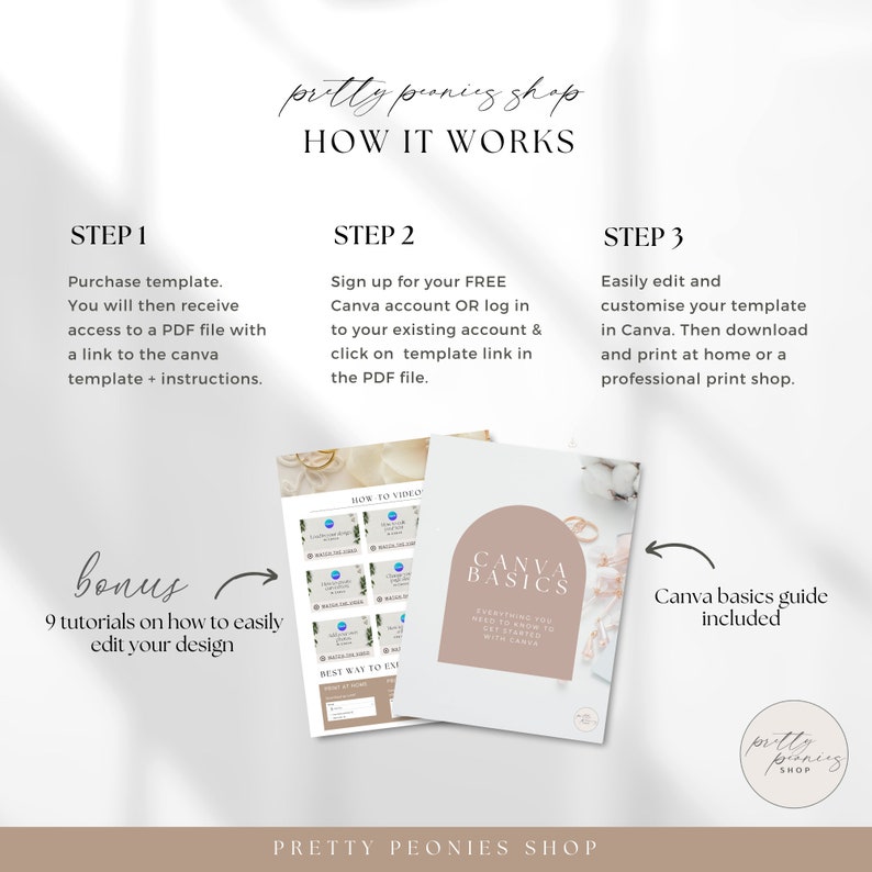 Pu&ograve; includere: Un elenco di prodotti digitali per un modello Canva con uno schema di colori rosa e bianco. L'elenco include un bonus di 9 tutorial su come modificare facilmente il tuo design. Il testo "Canva Basics" &egrave; presentato in un cerchio con uno sfondo rosa. Il testo "How to Video" &egrave; presentato in un rettangolo con uno sfondo bianco. Il testo "Best Way to Execute" &egrave; presentato in un rettangolo con uno sfondo bianco.