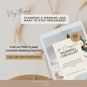 May include: A digital tablet displaying a printable wedding checklist with the text "The Complete Wedding Checklist" and "Includes 10 wedding checklists beginning 9 months from your wedding up until the week of your big day!" The tablet is on a white surface with a straw hat and dried flowers.