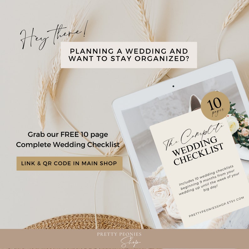 May include: A digital tablet displaying a printable wedding checklist with the text "The Complete Wedding Checklist" and "Includes 10 wedding checklists beginning 9 months from your wedding up until the week of your big day!" The tablet is on a white surface with a straw hat and dried flowers.