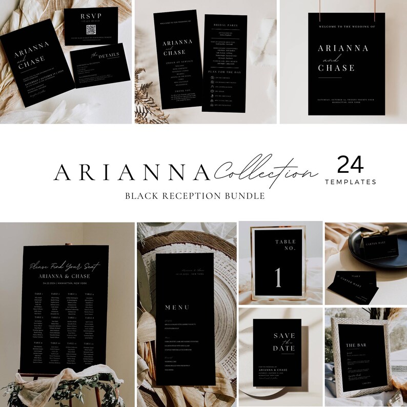 May include: A collection of 24 black and white wedding reception templates with the text "ARIANNA Collection 24 TEMPLATES BLACK RECEPTION BUNDLE" at the top. The templates include a seating chart, table numbers, a menu, a save the date card, and a bar sign.