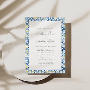 Faire-part de mariage à destination en Grèce, modèle d'invitation Santorin, faire-part de mariage sur l'île grecque modifiable, carte bordure tuile bleue AT22