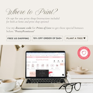 May include: A laptop displaying the Prints of Love website, with a coffee cup, glasses, and books on a desk. Text includes "Where to Print?" and a discount code. A Prints of Love design partner logo is visible.