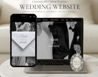 Luxury Wedding Website Template Canva, Black & White Digital Invitation, Editable Wedding Site with RSVP Form