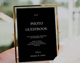 Black Wedding Photo Guestbook Sign, Monogram Polaroid Guest Book Sign, Snap it Shake it, Black and White Table Signage, Canva Template AT04