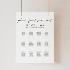 May include: A wedding seating chart with the text "please find your seat" and "SLOANE + JACK" at the top. The chart lists tables with guest names for a wedding reception.