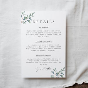 Greenery Eucalyptus Wedding Details Card, Minimal Invite Enclosure Card, Reception & Accommodations Info Insert, Modern Template Canva AT12