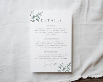 Greenery Eucalyptus Wedding Details Card, Minimal Invite Enclosure Card, Reception & Accommodations Info Insert, Modern Template Canva AT12