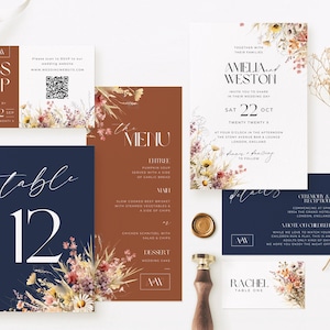 May include: Wedding stationery set with floral accents. The set includes an invitation, RSVP card, menu, table number, and details card. The color scheme features navy, terracotta, and cream.
