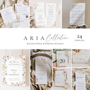 Pode incluir: Uma coleção de modelos de papelaria de casamento com designs florais. A "Coleção ARIA" inclui convites, menus, números de mesa e cartões de agradecimento. Os designs incorporam delicadas flores silvestres em aquarela em cores pastel.
