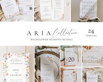Wildflower Wedding Reception Template Bundle, Whimsical Wedding Invitation Bundle, Floral Reception Sign Package EDITABLE Table Signage AT13