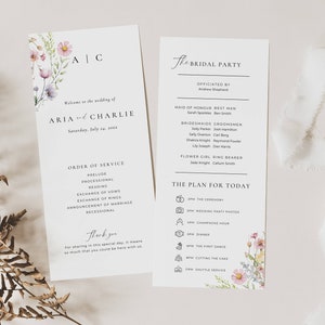 Szablon menu programu weselnego Wildflower, monogramowy porządek nabożeństwa, nowoczesny plan przyjęcia, harmonogram kwiatów DIY, edytowalny w Canva AT13