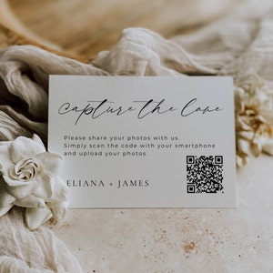 Tarjeta de boda con código QR Capture the Love, código QR para álbum de fotos, letrero de boda digital Share the Love, plantilla para insertar fotos de boda AT14