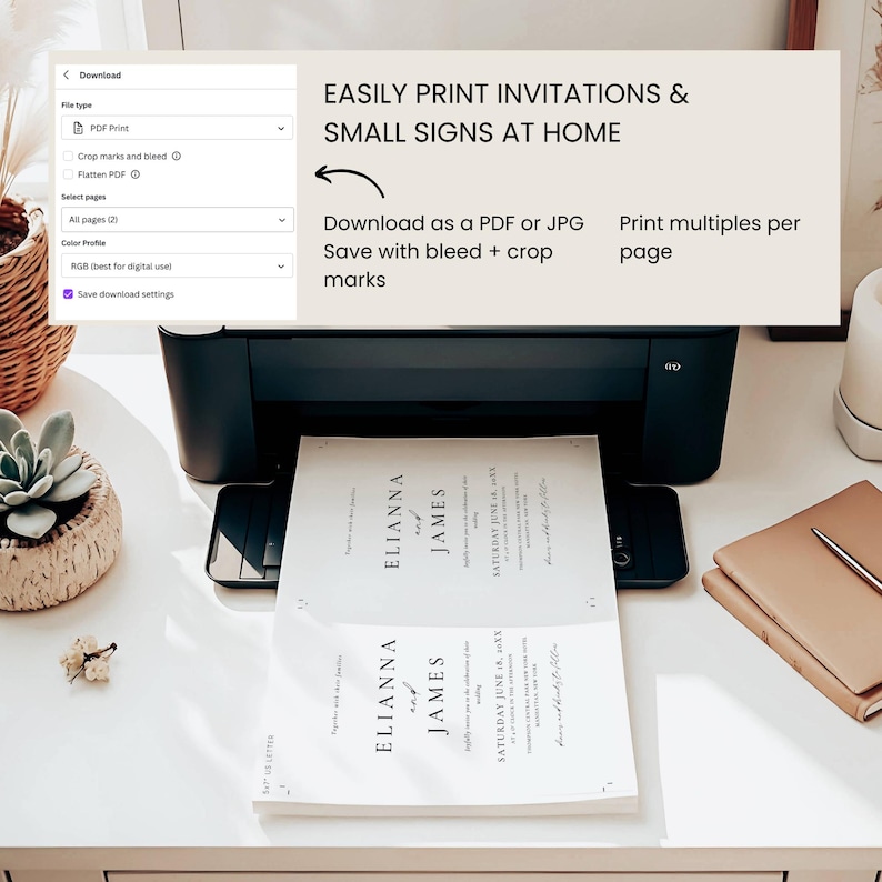 May include: A black printer printing wedding invitations. The invitations are printed on white paper with the names "Elianna and James" and wedding details. The image includes text that says "Easily print invitations & small signs at home."