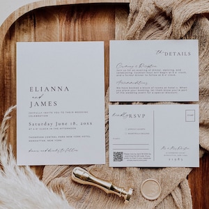 Modelo mínimo de suíte de convite de casamento Canva, conjunto moderno de convite de casamento editável, cartão postal Rsvp com código QR, pacote de convite de casamento AT14