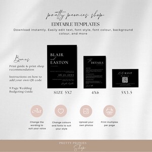 May include: Editable wedding invitation templates in black and white with text that says "Blair and Easton" and "The Details". The templates are available in three sizes: 5x7 inches, 4x6 inches, and 5x3.5 inches. The image also includes icons for changing the wording, colors, uploading photos, and printing multiples per page.