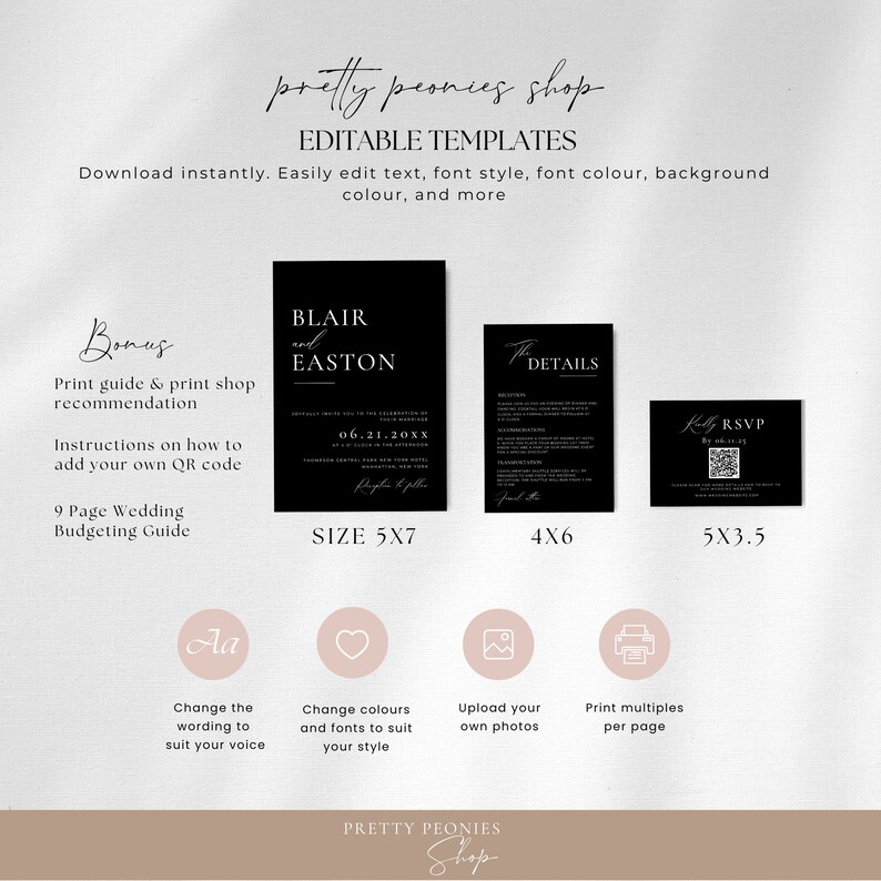 May include: Editable wedding invitation templates in black and white with text that says "Blair and Easton" and "The Details". The templates are available in three sizes: 5x7 inches, 4x6 inches, and 5x3.5 inches. The image also includes icons for changing the wording, colors, uploading photos, and printing multiples per page.