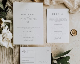 Minimalistic Monogram Wedding Invitation Set, Classic Invite Suite with Qr Code, Qr Code Rsvp Postcard, Editable Details Canva Template AT10