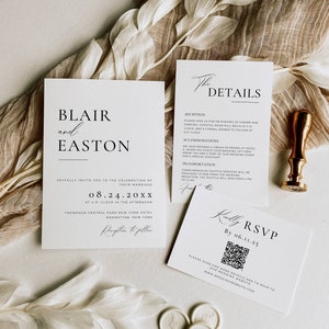 Minimalist Wedding Invitation Bundle Qr Code,  Minimal Invitation Template Set, Modern Invite Suite, Elegant Online Rsvp, Details Card AT10