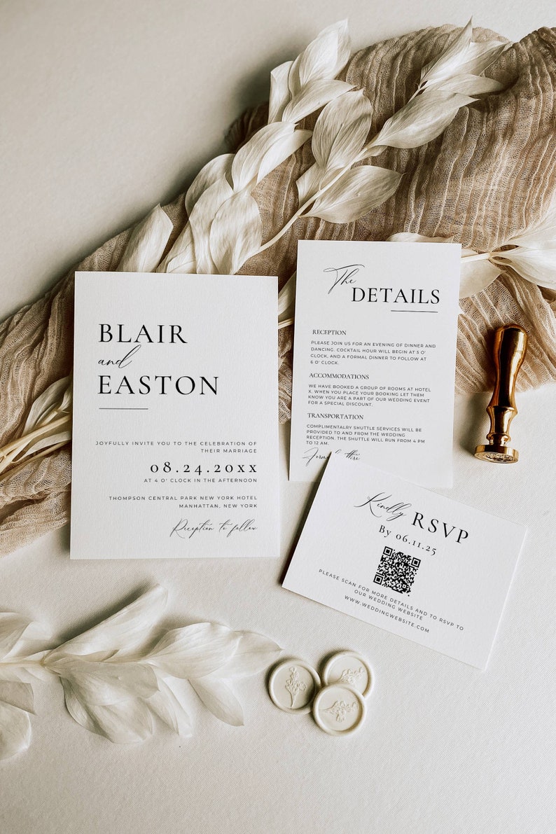 Minimalist Wedding Invitation Bundle Qr Code, Minimal Invitation Template Set, Modern Invite Suite, Elegant Online Rsvp, Details Card AT10 image 1