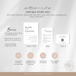 Bundle de faire-part de mariage minimaliste Qr Code, ensemble de modèles d'invitation minimaliste, suite d'invitations moderne, réponse de réception en ligne élégante, carte de détails AT10 image 6