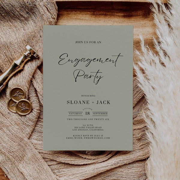 Sage Engagement Party Invite, Engagement Invitation ONLINE Sage Green Party Celebration Canva TEMPLATE Elegant Minimalist Editable Card AT06