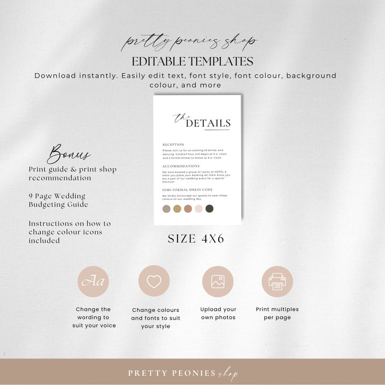 May include: A digital wedding details template with the text "The Details" in a minimalist design. The template includes sections for reception, accommodations, and dress code, with a size of 4x6 inches. Additional features include editable text and color options.