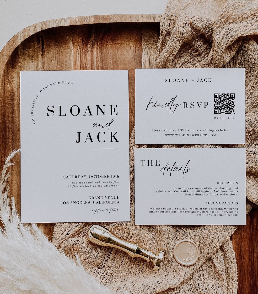 Minimalistic Wedding Invitation Suite With Qr Code, Printable Wedding ...