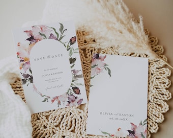 Floral Save the Date Double Sided, Spring Flowers Save The Date, Wildflower Wedding Save The Date Template, Minimal Invitation Card -AT15