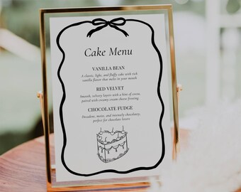 Cake Flavor Sign Template, Black Bow Wedding Cake Menu, Hand Drawn Dessert Bar Sign, Editable Vintage Cake Table Sign  AT10