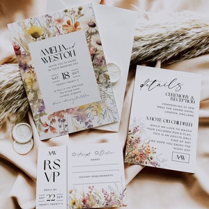 Ensemble de faire-part de fleurs sauvages, modèle de suite de mariage floral printanier, faire-part de mariage jardin enchanté, lot minimal avec carte Rsvp AT20