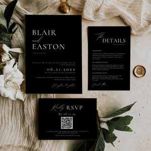 Schwarze Hochzeitseinladung Set Digitaler Download, Schwarz und Weiß Hochzeit lädt Bündel, moderne Einladungsreihe Vorlage Qr Code -AT04