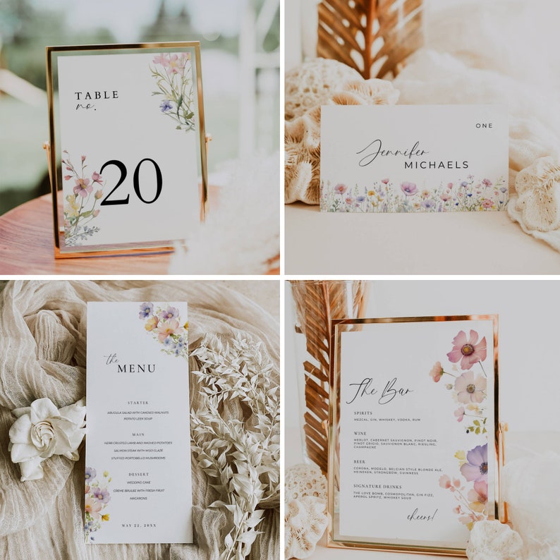 May include: A set of wedding stationery featuring a floral theme. The table number card is in a gold frame with the number 20. The menu card has a watercolour floral design and the text "the MENU". The bar menu card has the text "The Bar" and a floral design. The wedding sign has the text "Jennifer Michaels" and a floral design.