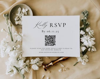 Rsvp Qr Code Card, Minimalist Wedding Online Reply Card, Modern Wedding Website Card, Elegant Script Response Insert, Editable Template AT10
