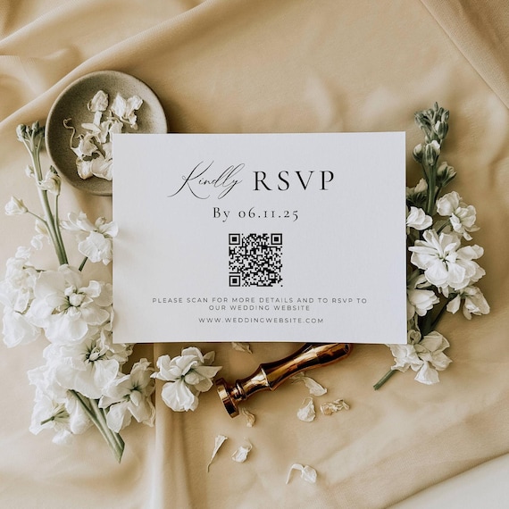 Rsvp Qr Code Card, Minimalist Wedding Online Reply Card, Modern Wedding Website Card, Elegant Script Response Insert, Editable Template AT10
