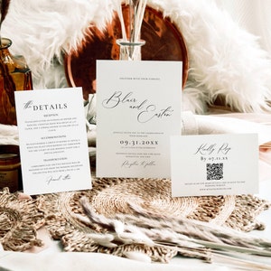 May include: A set of wedding stationery featuring three cards with elegant calligraphy. The main invitation reads "Blair and Easton" with the date 09.31.20XX. Additional cards provide details and RSVP information.