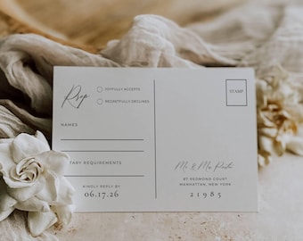 Wedding Postcard Rsvp Card, Printable Response Card Template, Elegant Wedding Insert Card AT10