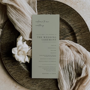 Plantilla de programa de boda moderno Sage, tarjeta de orden del servicio, programa de ceremonia de la iglesia, itinerario de eventos ecológicos, horario editable Canva AT06