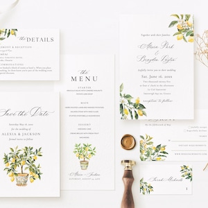 Faire-part de mariage à destination en Grèce, lot de modèles de mariage méditerranéen, panneaux de réception citron, suite d'invitations agrumes modifiable AT22