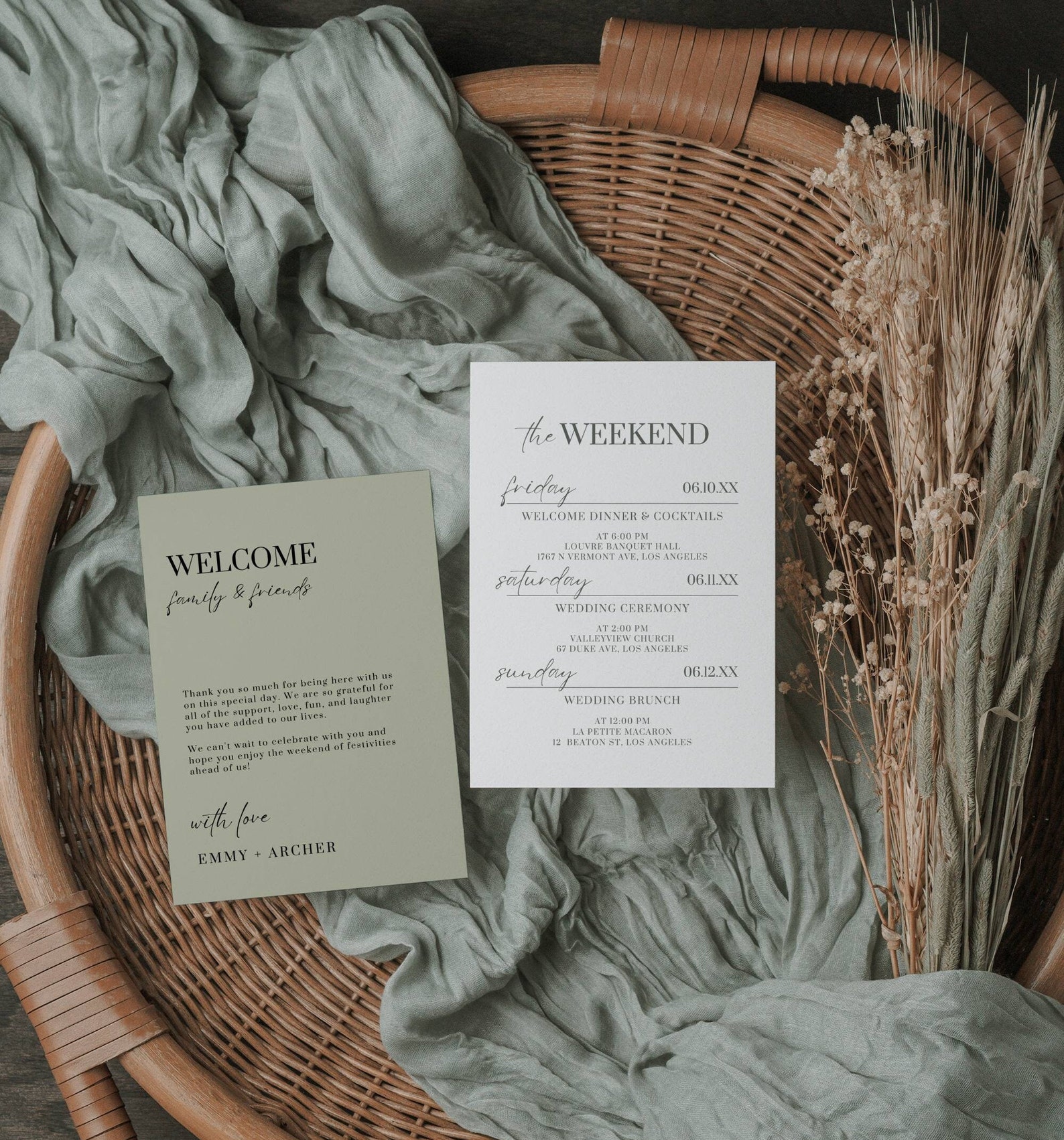 Sage Wedding Weekend Itinerary Template, Green Order of Events Guide ...