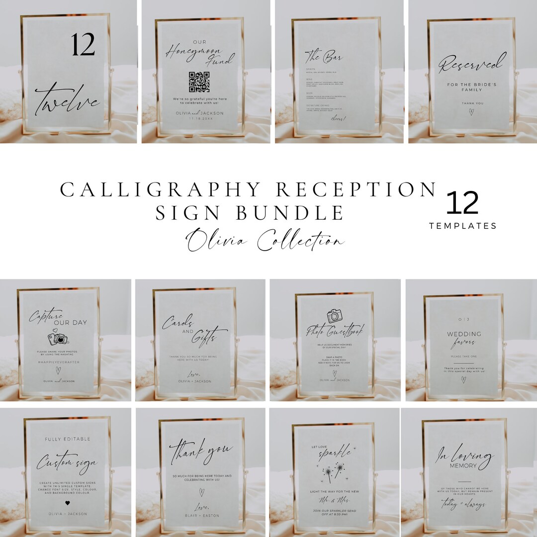 Calligraphy Reception Sign Template Bundle, Minimalist Wedding Sign ...