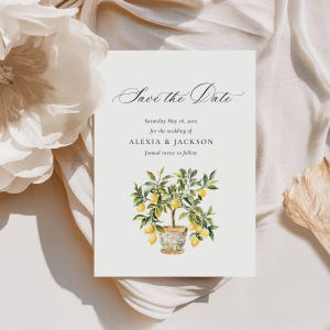 Réservez vos dates grecques, modèle d'invitation réservez une date de Santorin, faire-part de mariage à destination, invitation citron méditerranéen AT10